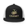 Black white fishing trucker hat featuring a crank reel graphic and 'Cranky' text – stylish gift for fishermen.