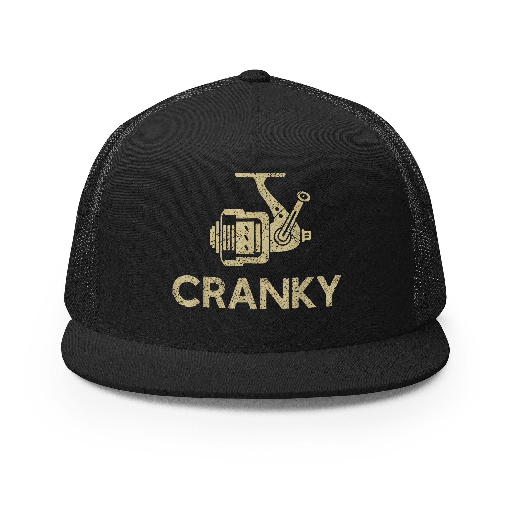 Black Cranky fishing reel trucker hat with a bold design – breathable and perfect for fishing trips.