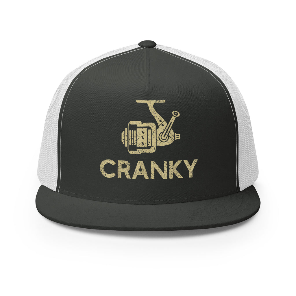 Charcoal white Cranky fishing reel trucker hat with vintage distressed design – perfect for anglers and outdoor lovers.