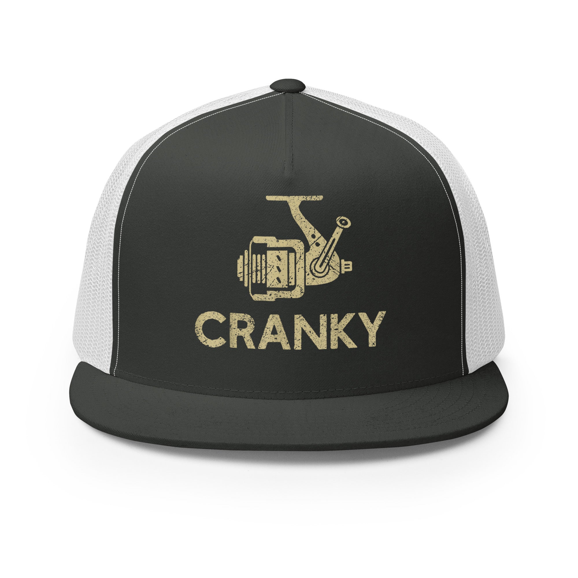 Charcoal white Cranky fishing reel trucker hat with vintage distressed design – perfect for anglers and outdoor lovers.