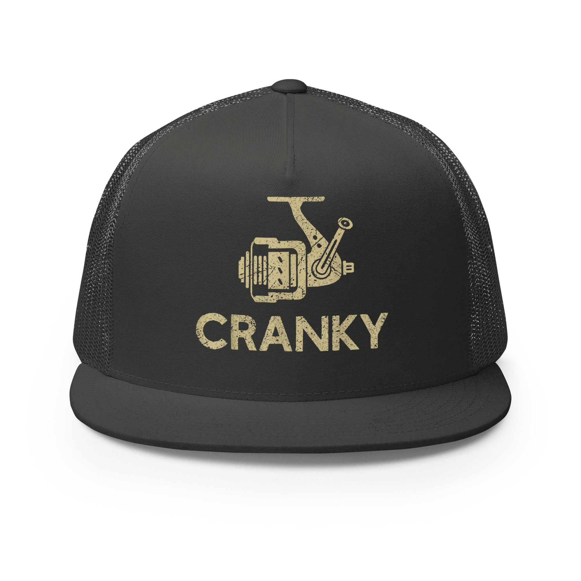 Charcoal fishing trucker hat with a vintage crank reel design – a must-have for fishing enthusiasts.
