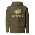 Military green fishing hoodie with a distressed crank reel print – a must-have for passionate fishermen.