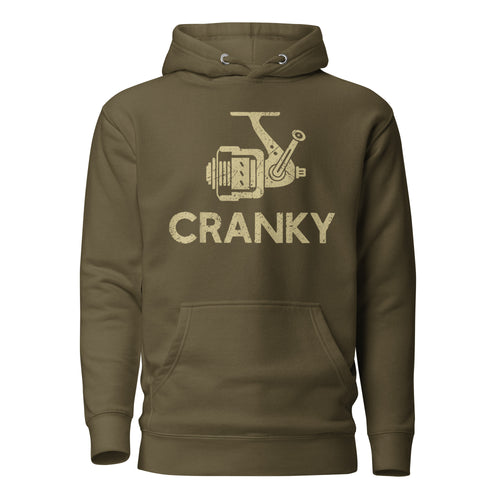 Military green fishing hoodie with a distressed crank reel print – a must-have for passionate fishermen.