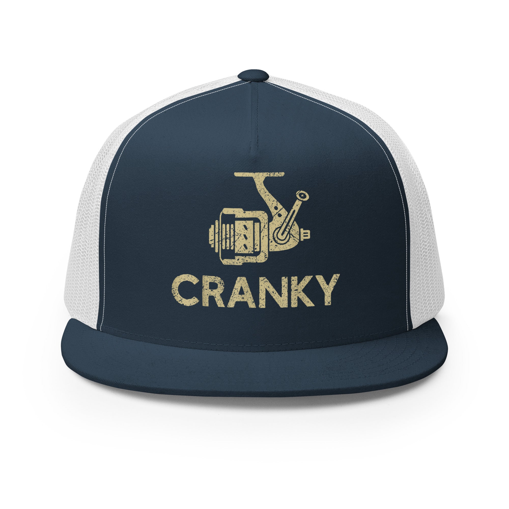 Navy white fishing-themed trucker cap with a humorous crank reel print – great for everyday wear.