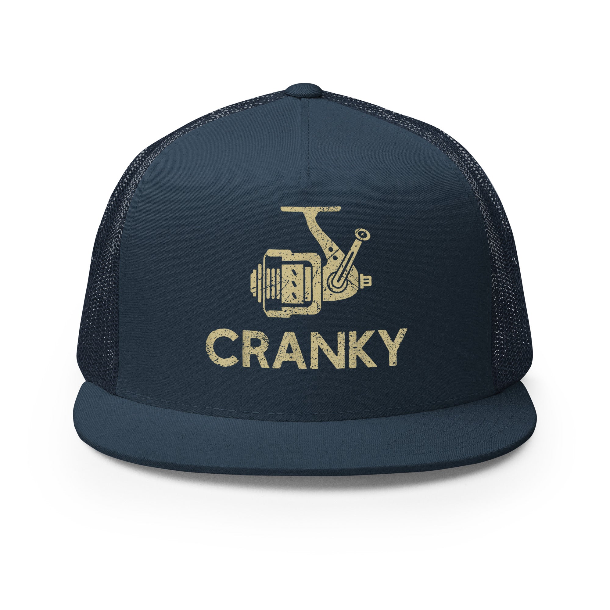 Navy Cranky fishing reel trucker hat with a mesh back – classic fishing hat for boat or shore anglers.