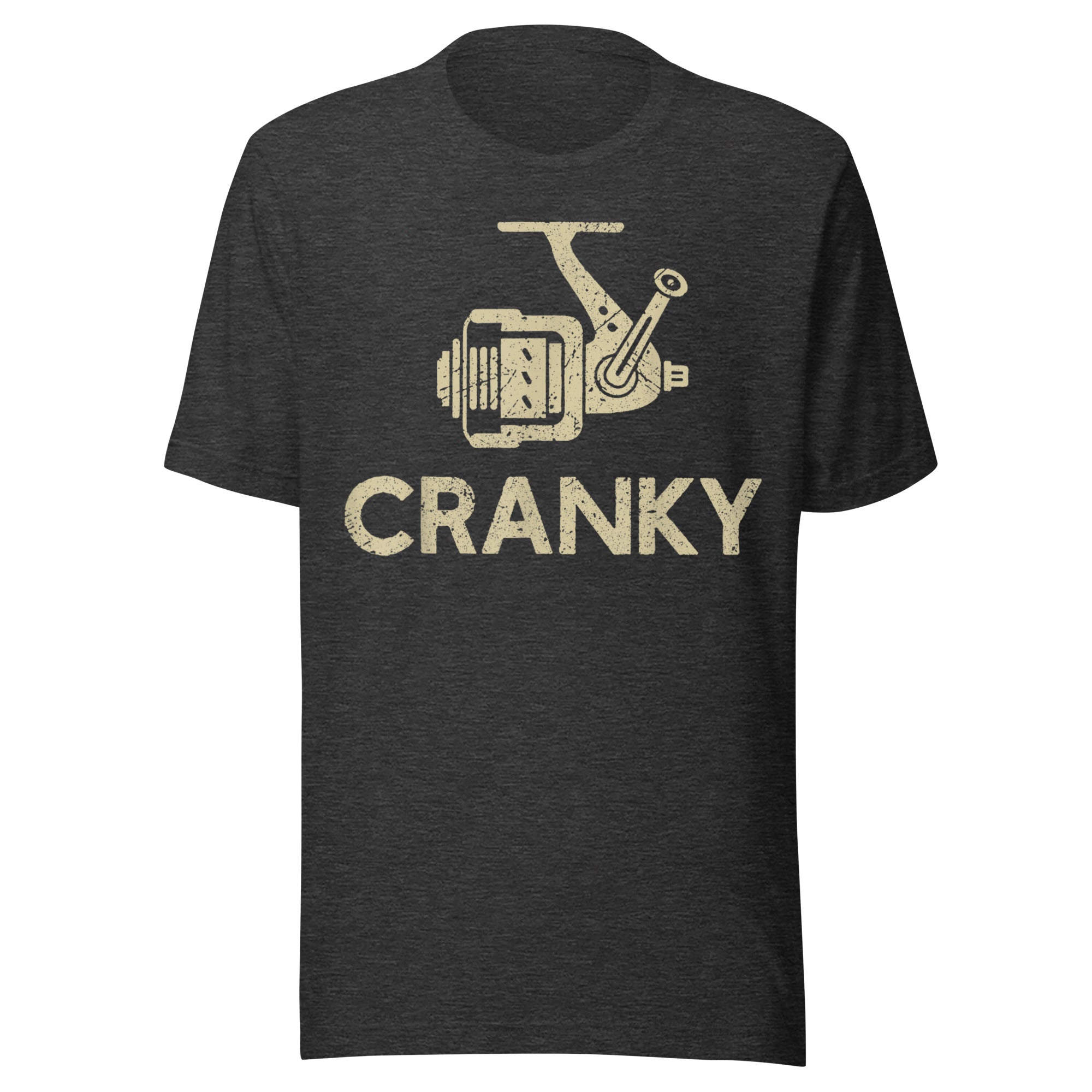 Dark grey heather fishing shirt with a bold Cranky crank reel design – stylish and fun fishing apparel.