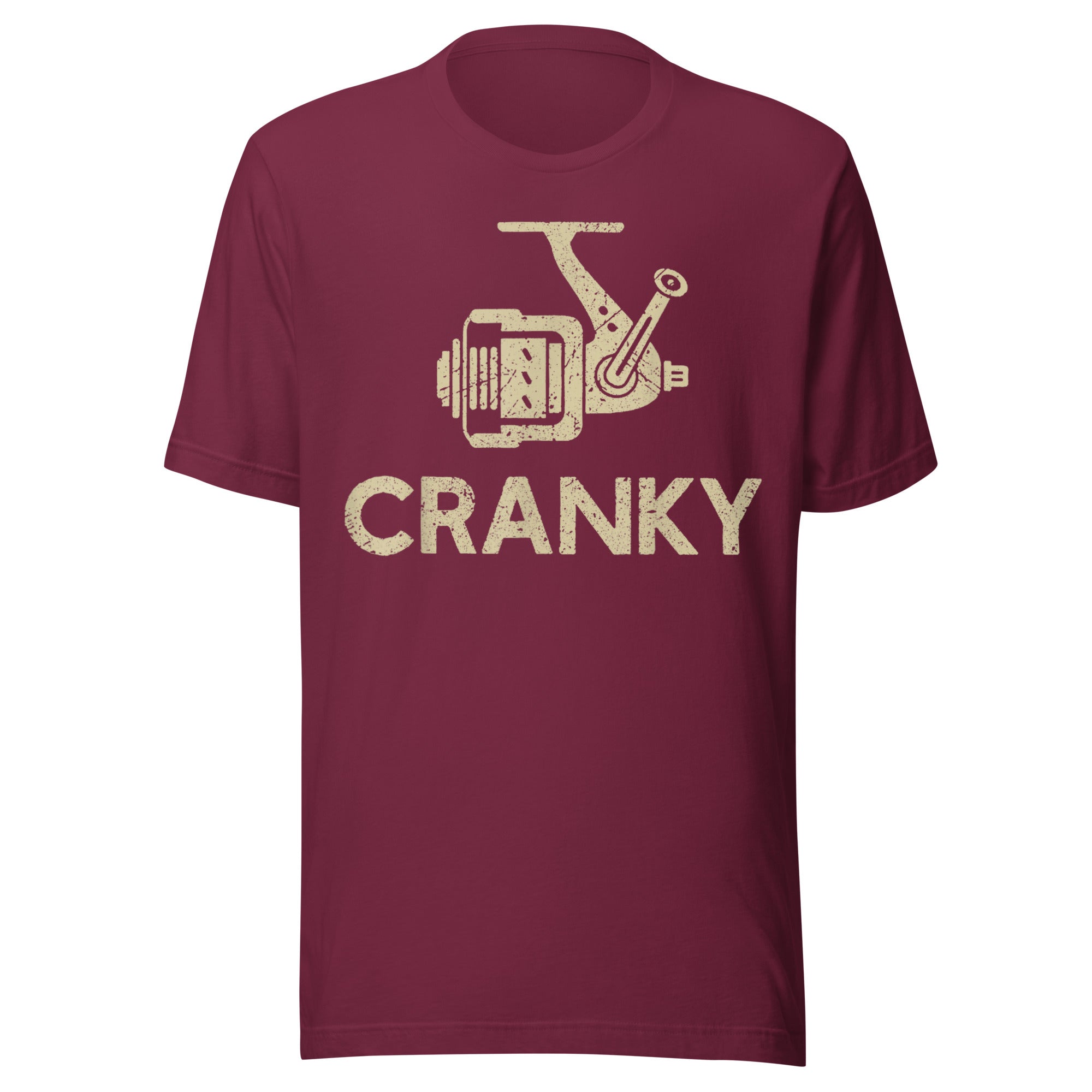 Maroon fishing shirt featuring a vintage crank reel graphic and 'Cranky' text – great gift for fishermen.