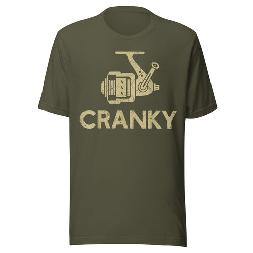 Military green fishing t-shirt with a distressed crank reel print – great for those passionate about fishing.