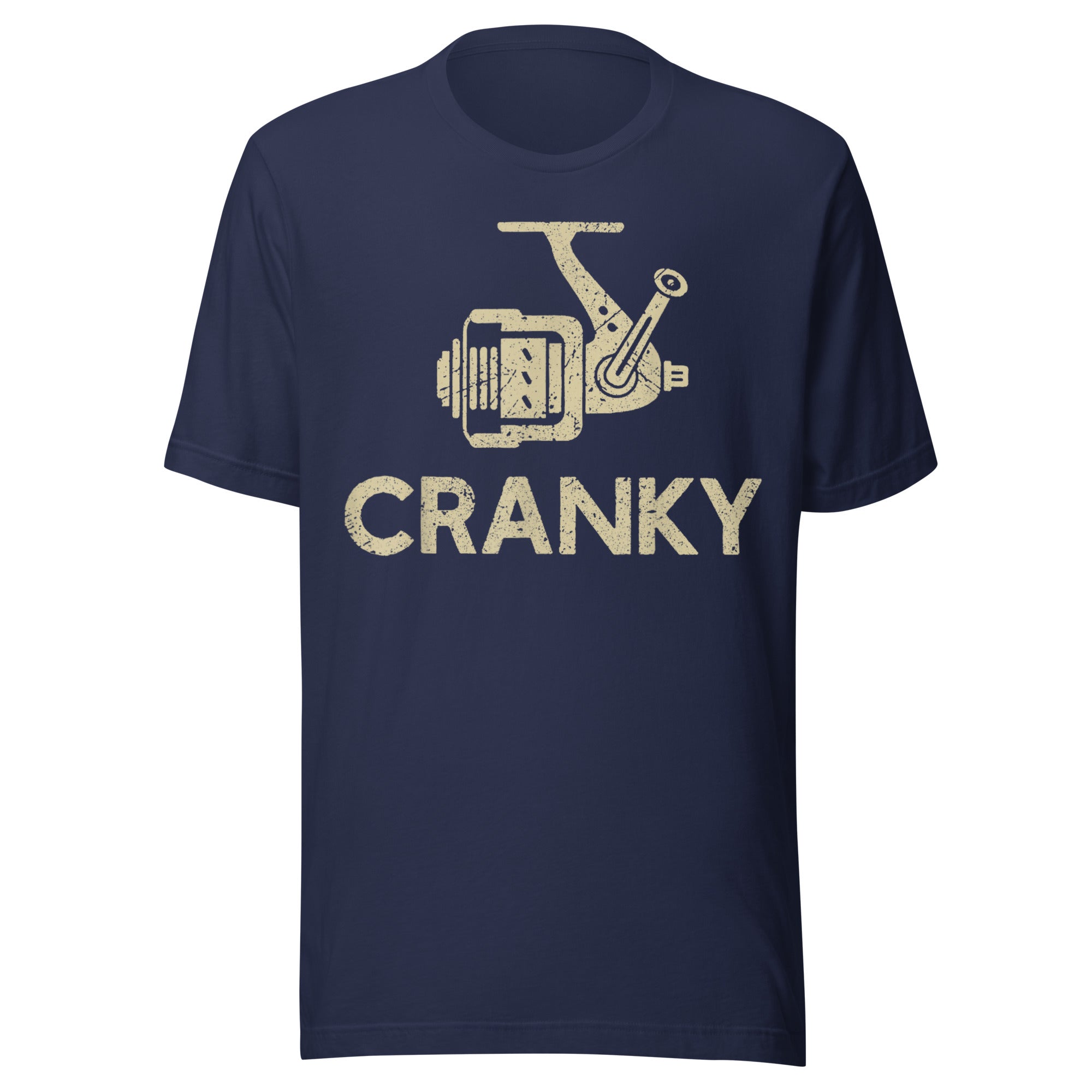 Navy blue Cranky fishing reel t-shirt with distressed design – perfect for anglers and fishing lovers.