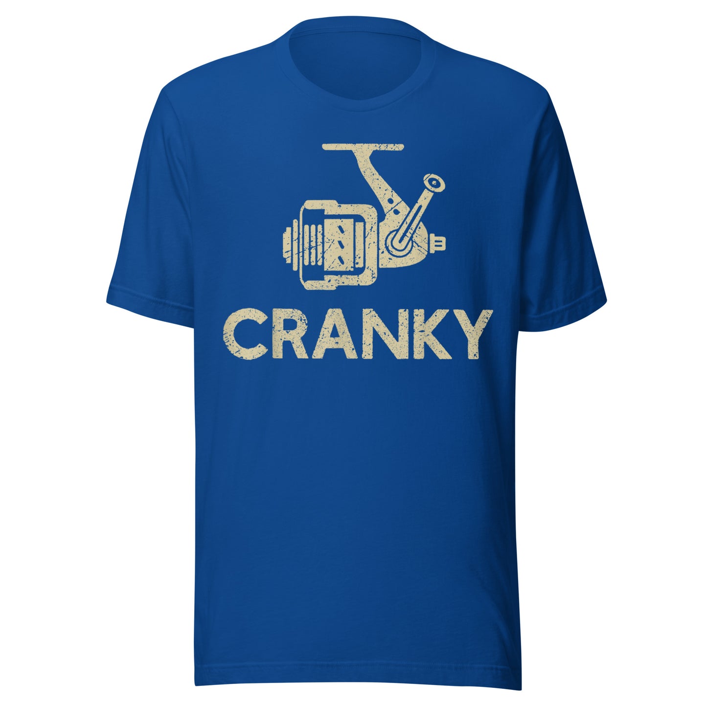 Royal blue Cranky fishing reel t-shirt with a rustic look – a must-have for anglers and outdoor enthusiasts.