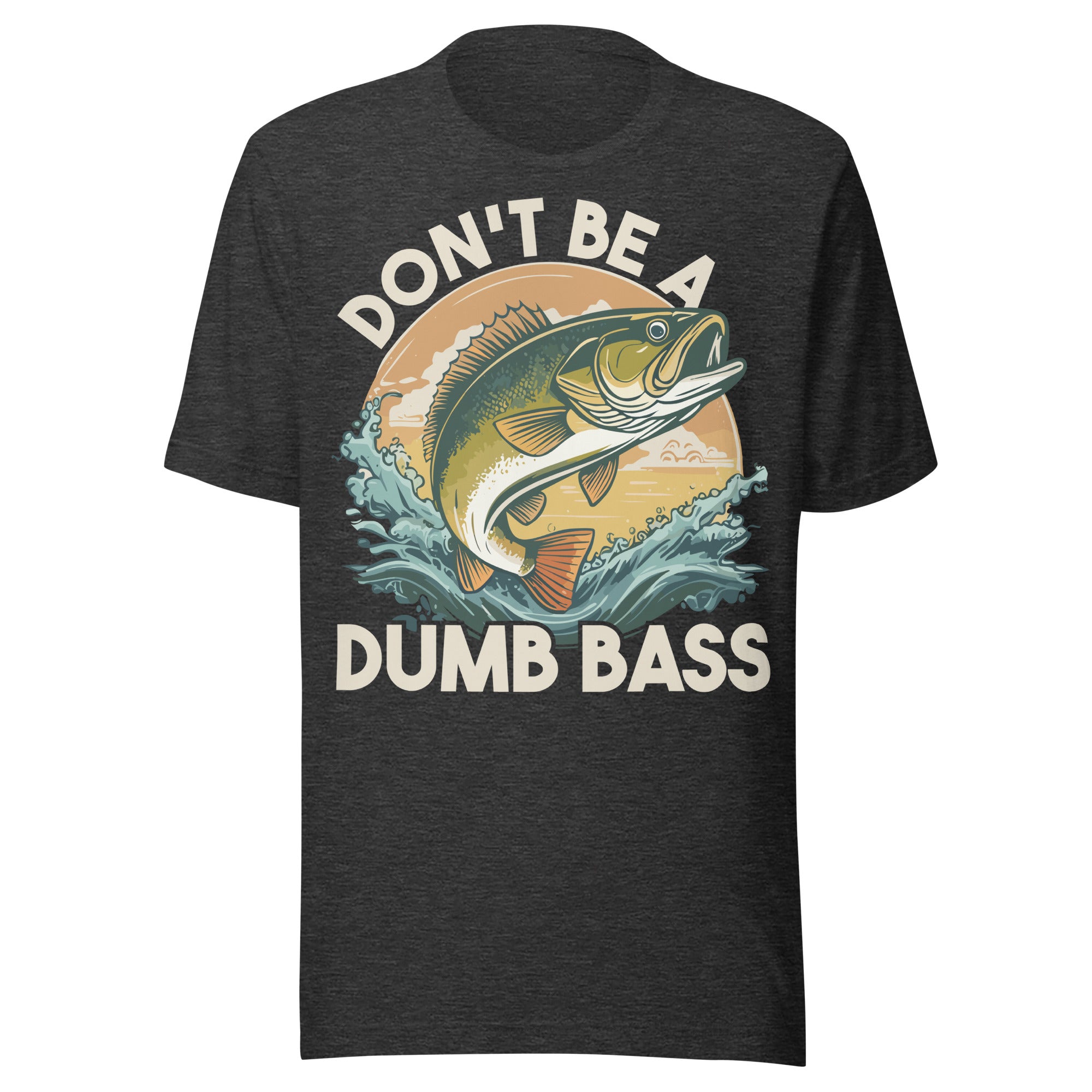 Casual dark grey heather fishing t-shirt with a bass fish pun – lightweight, breathable, and perfect for any angler.