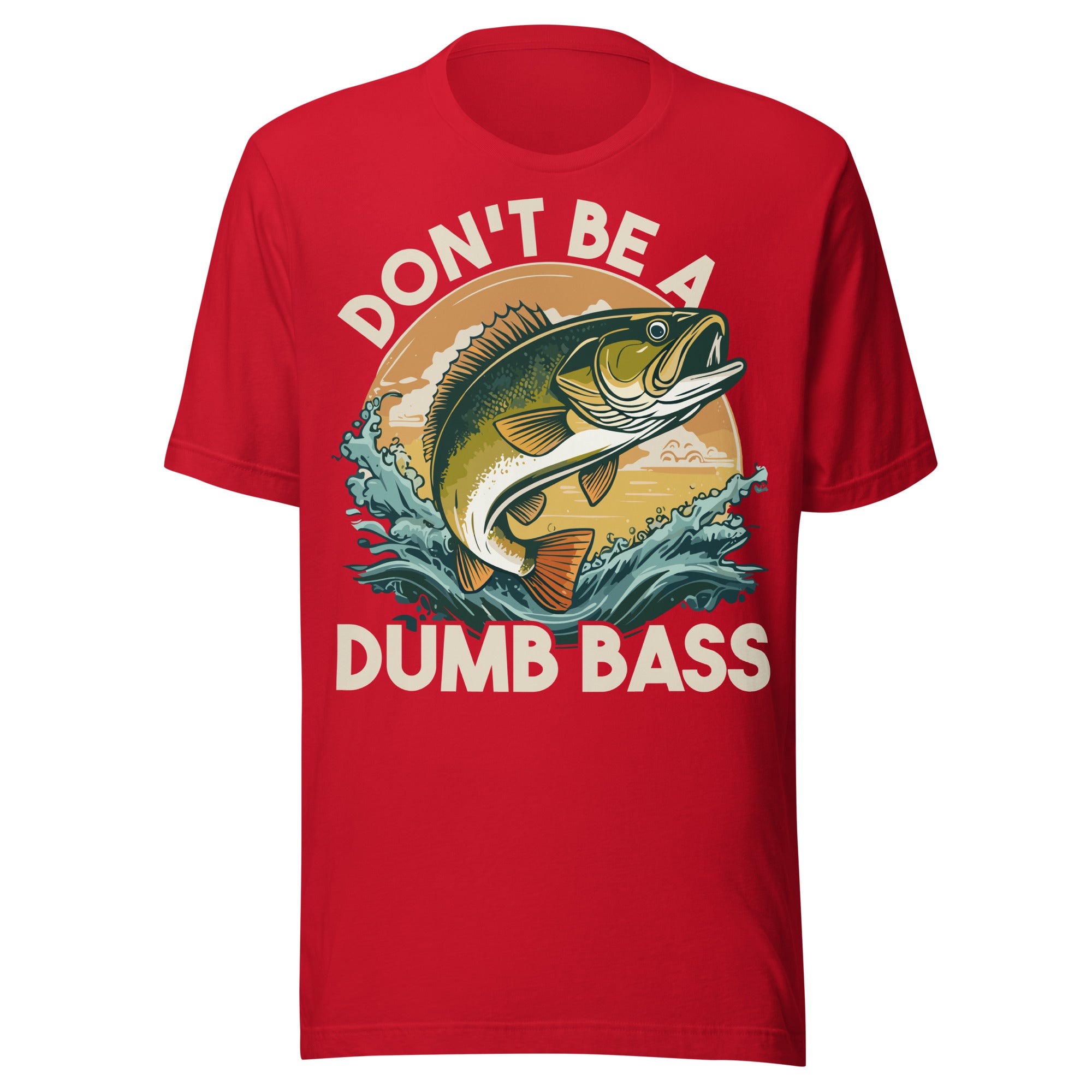 Red fishing-themed tee with humorous 'Don't Be a Dumb Bass' print – ideal for anglers who love bass fishing.