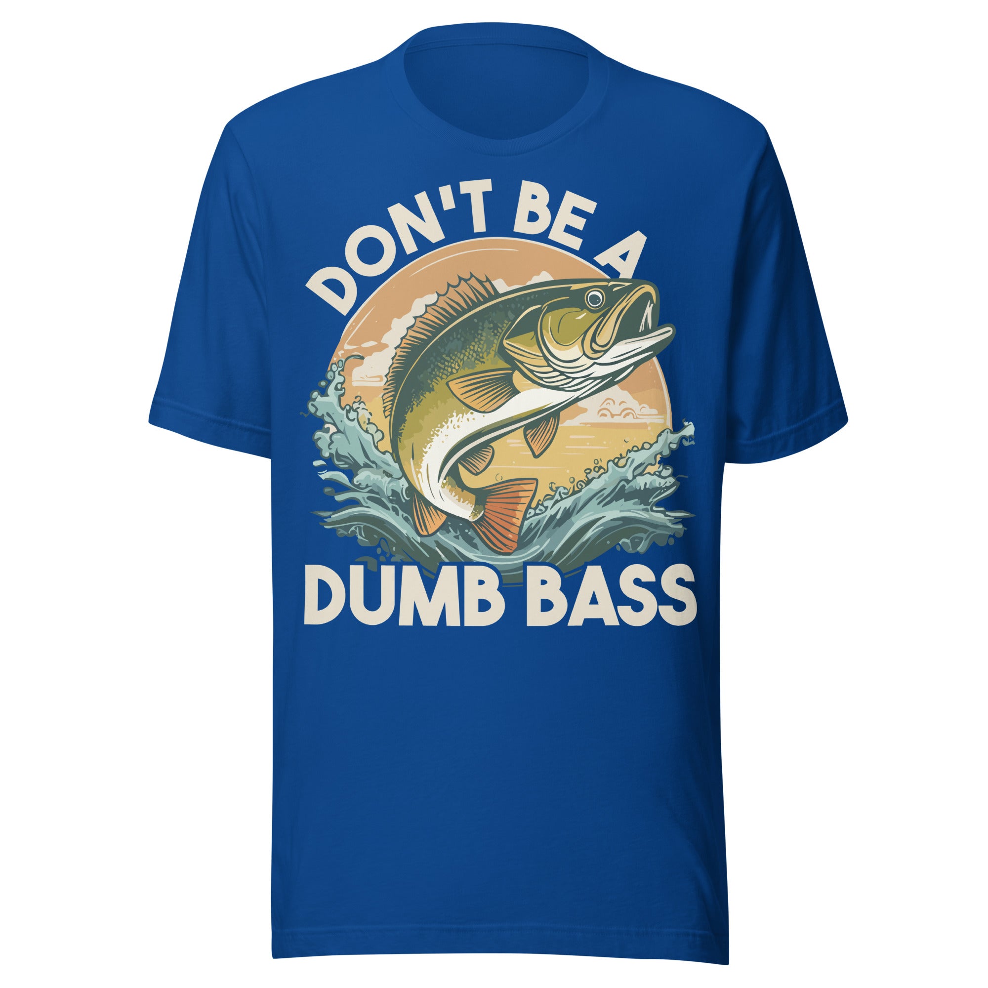 Royal blue fishing shirt with a detailed jumping bass design and 'Don't Be a Dumb Bass' slogan – great for fish lovers.