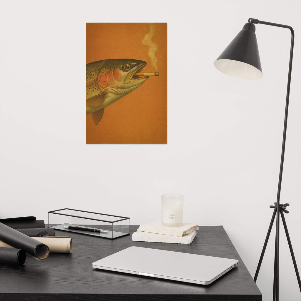 Desk setup with a laptop, books, and a candle, featuring a wall art of rainbow trout smoking a cigarette.
