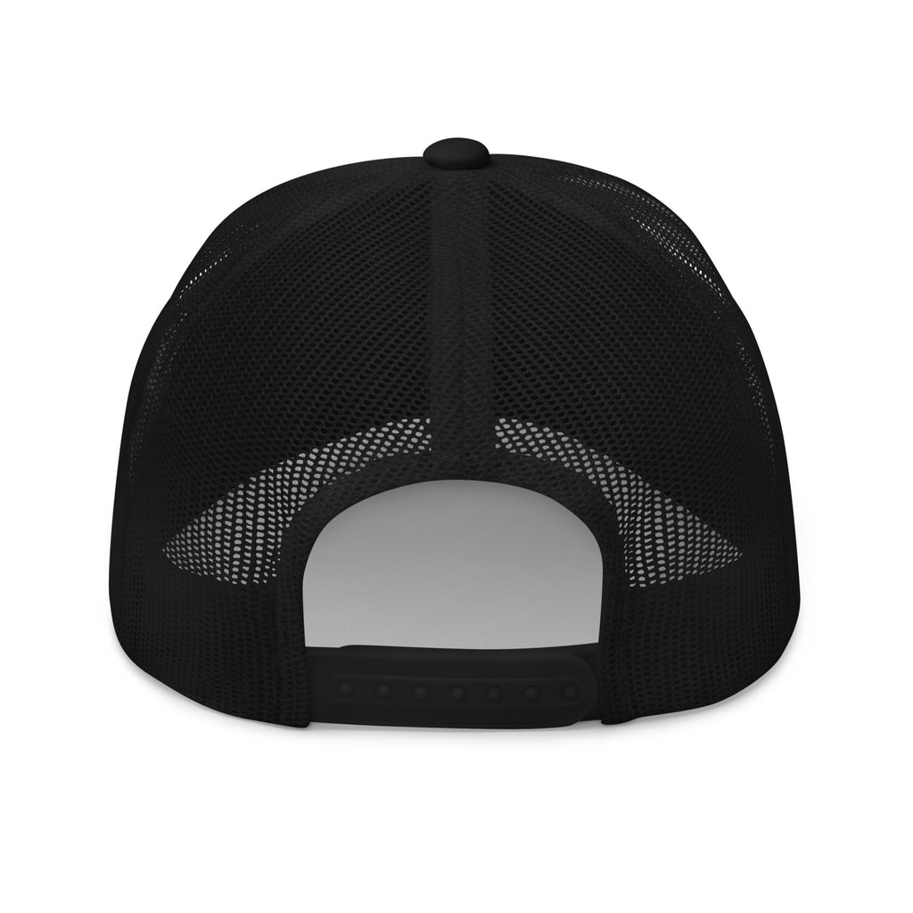 Back mesh panel of black fly fishing trucker hat with plastic adjustable closure