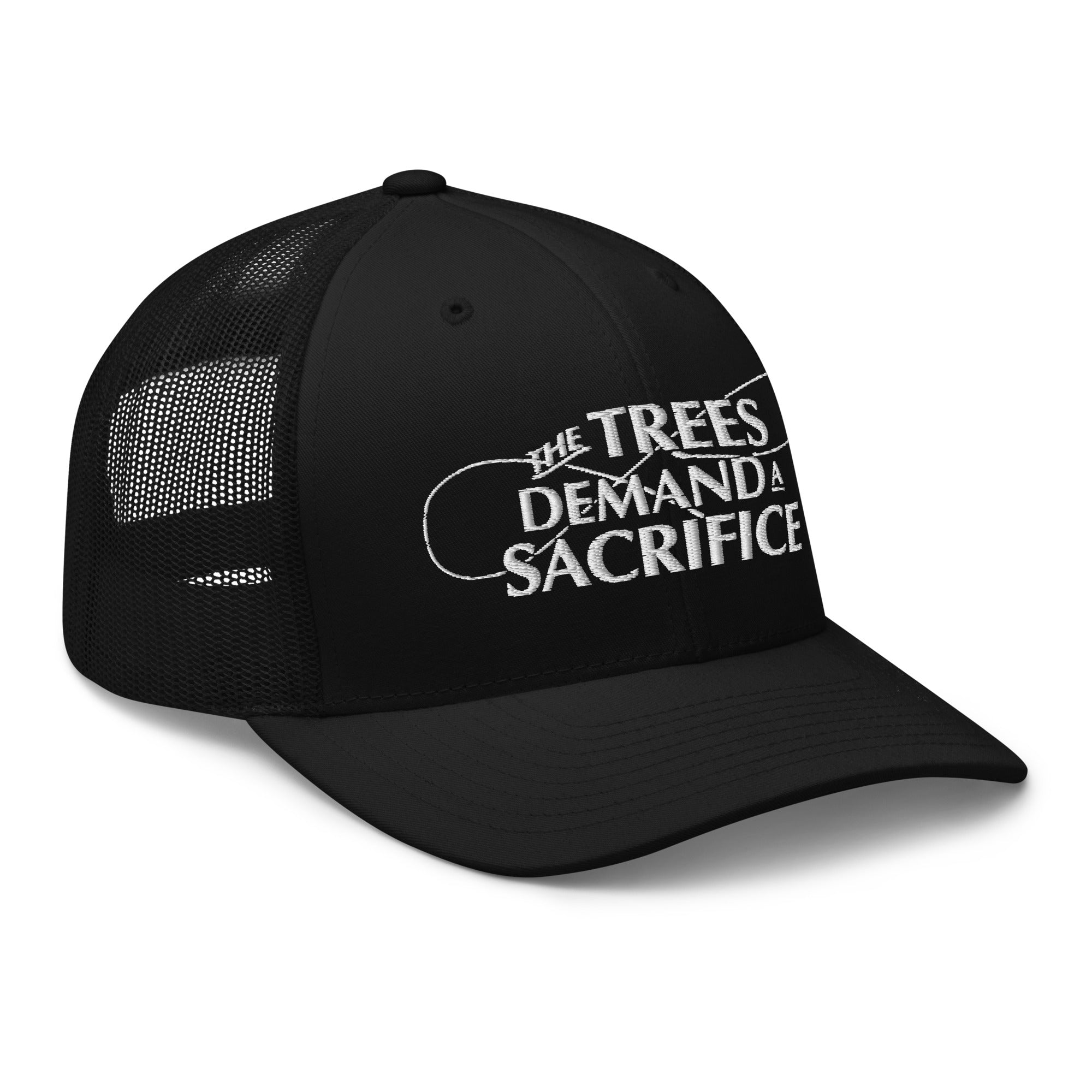 Side view of black fly fishing trucker hat with structured crown and curved visor