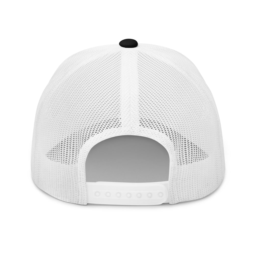 Back view of black and white mesh trucker hat for fly fishermen