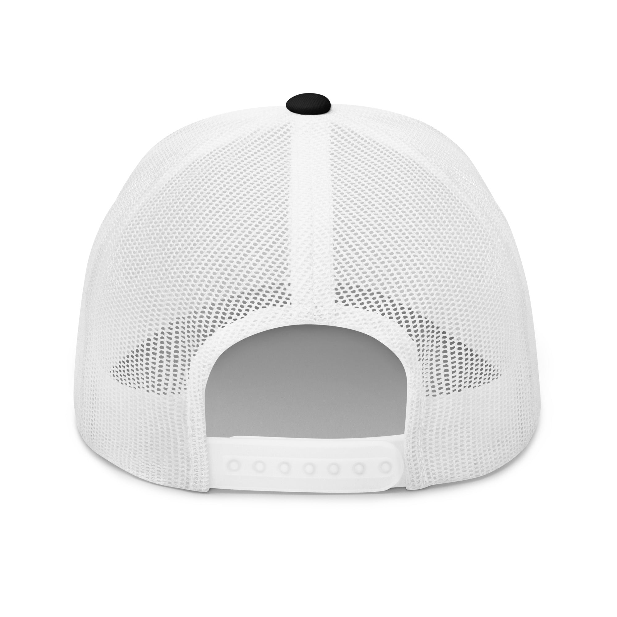 Back view of black and white mesh trucker hat for fly fishermen