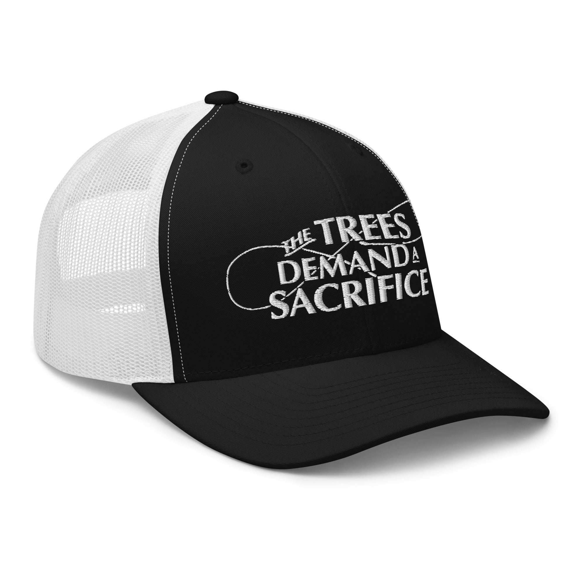 Side angle of black white fly fishing cap with structured six-panel design