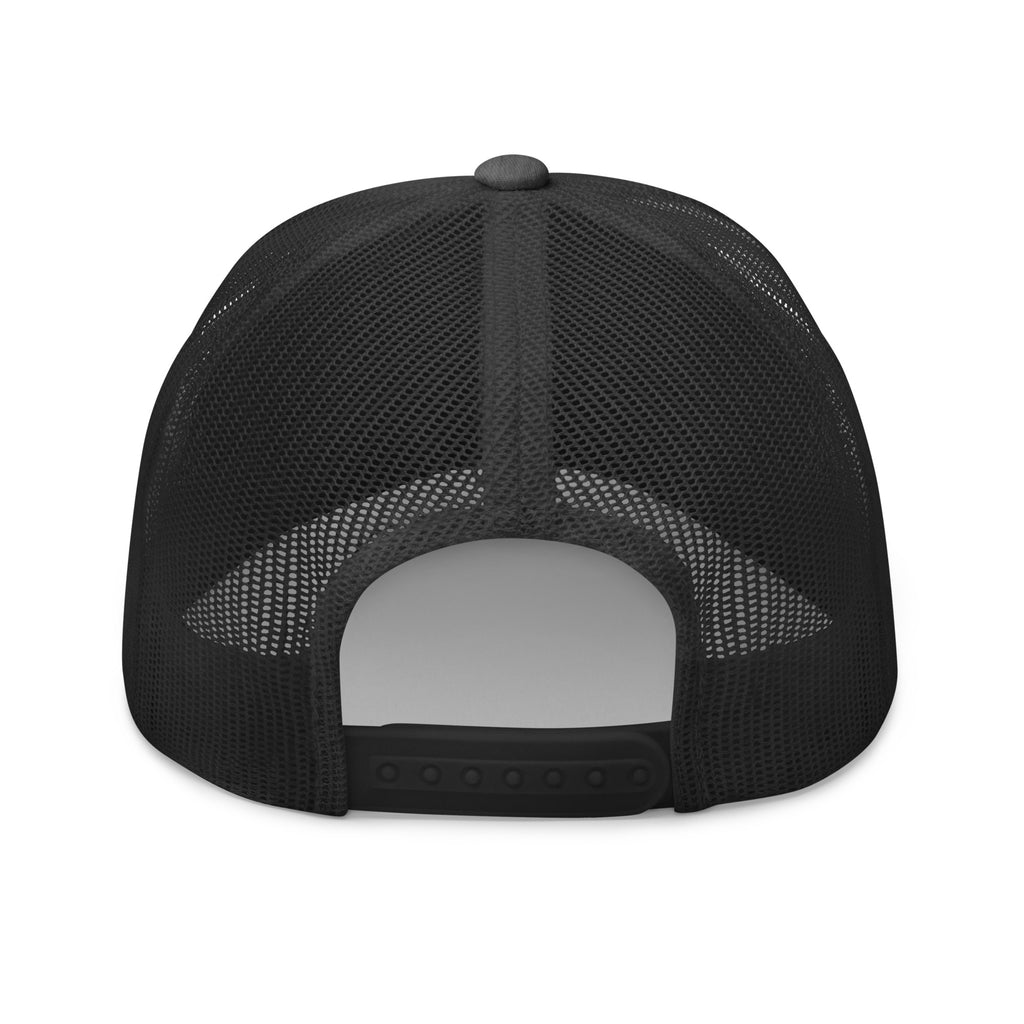 Back of dark gray heather mesh fly fishing hat with adjustable closure