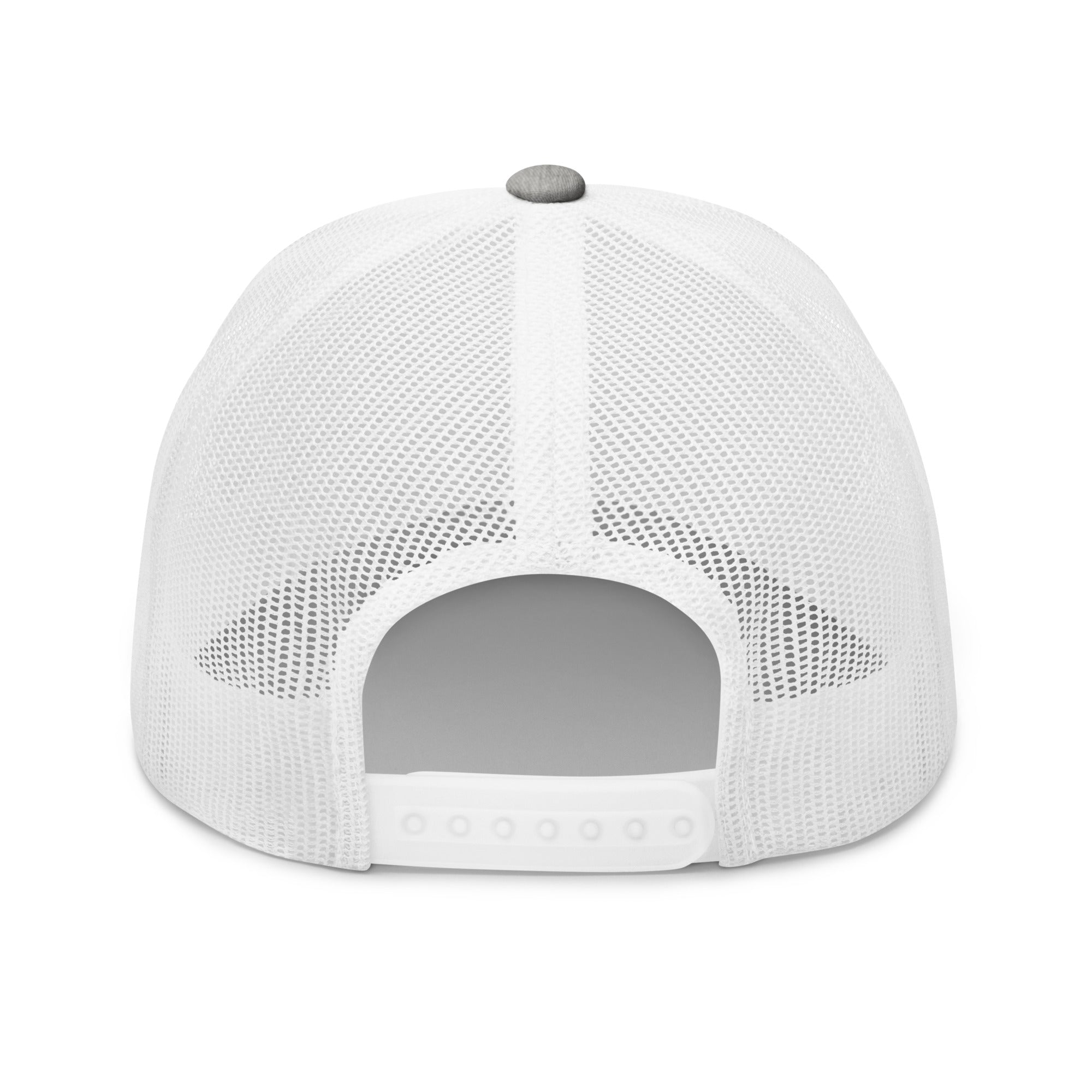 Back view gray white mesh trucker hat for fly fishing anglers