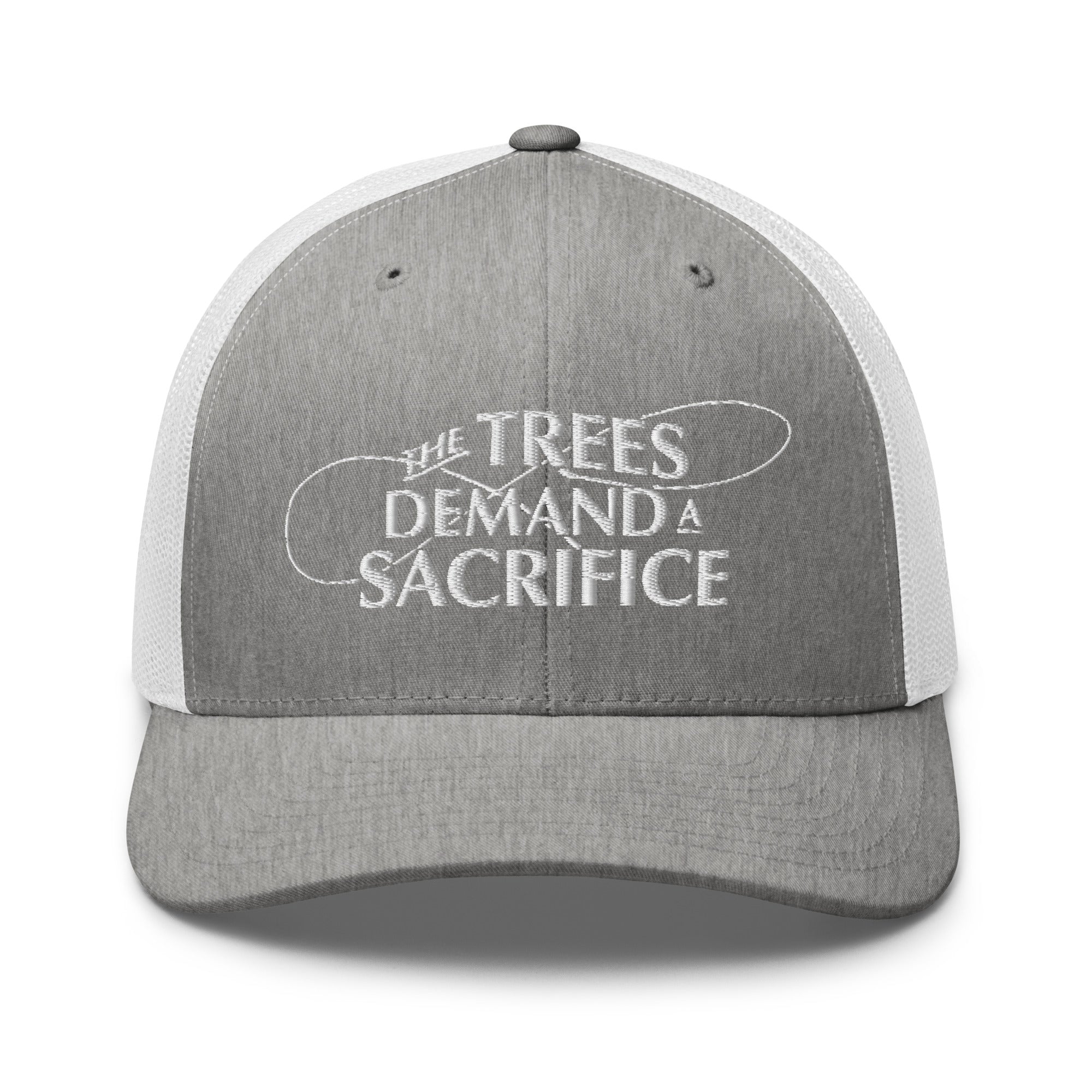 Gray heather and white fly fishing trucker hat with embroidered sacrifice design front