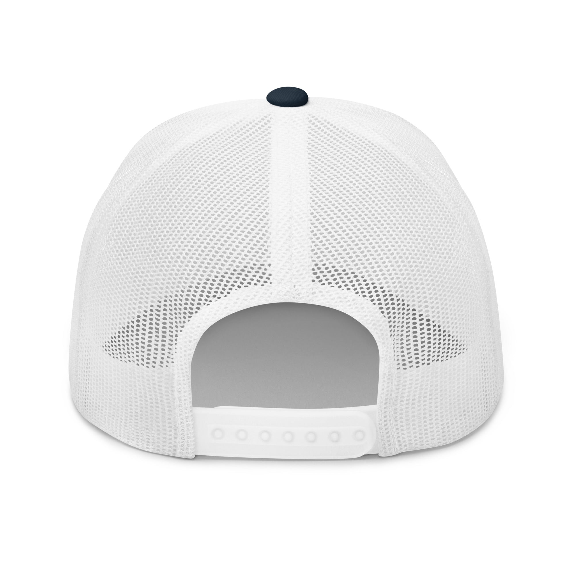 Back mesh view of navy white adjustable fly fishing cap
