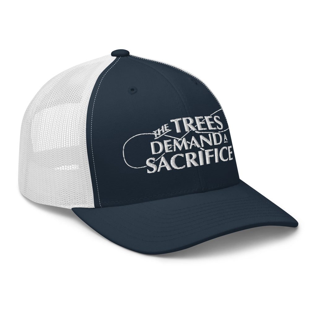 Side view navy white fly fishing trucker hat gift for fly anglers