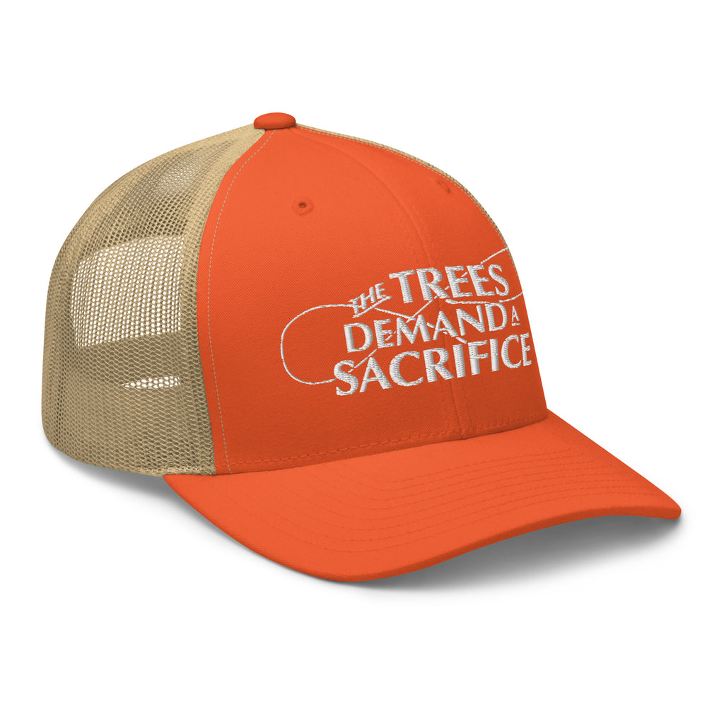 Side angle rustic orange khaki fly fishing trucker hat gift for fly fishermen