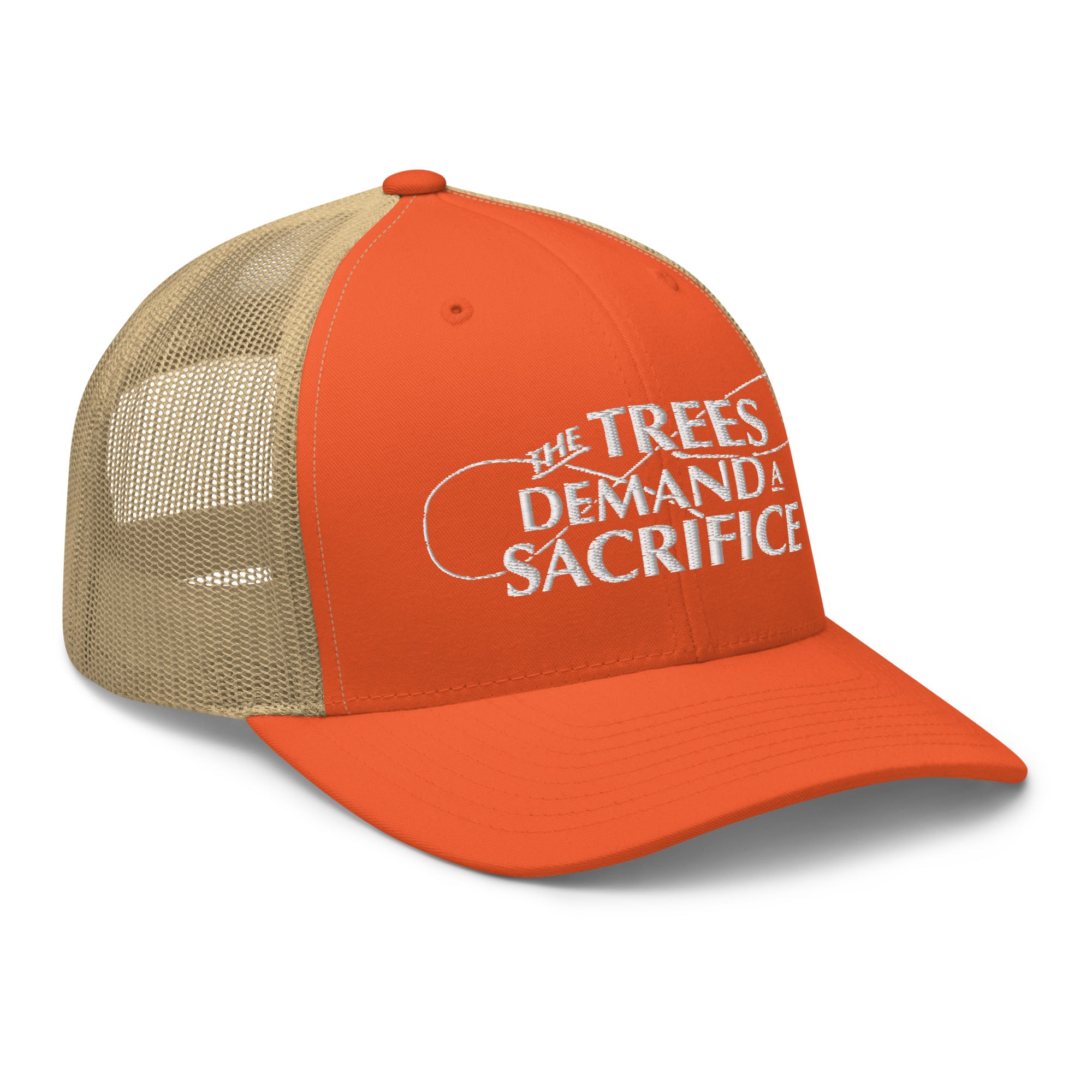 Side angle rustic orange khaki fly fishing trucker hat gift for fly fishermen