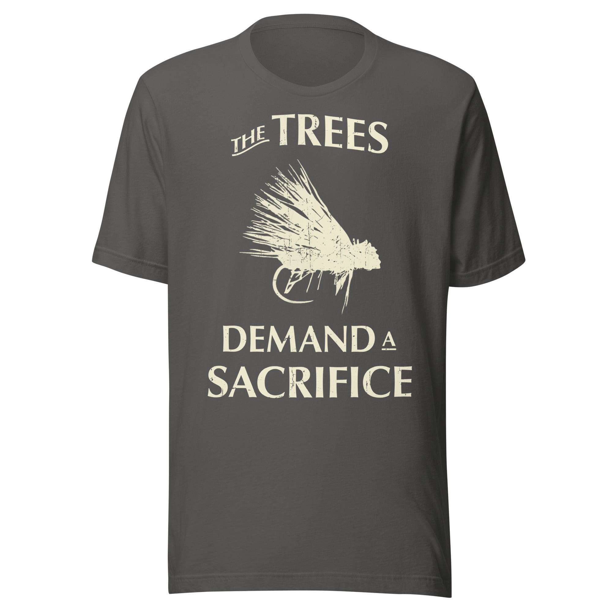 Asphalt gray fly fishing t-shirt with The Trees Demand A Sacrifice vintage lure design