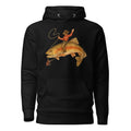 Black funny fishing hoodie with cowboy riding a giant trout rodeo graphic