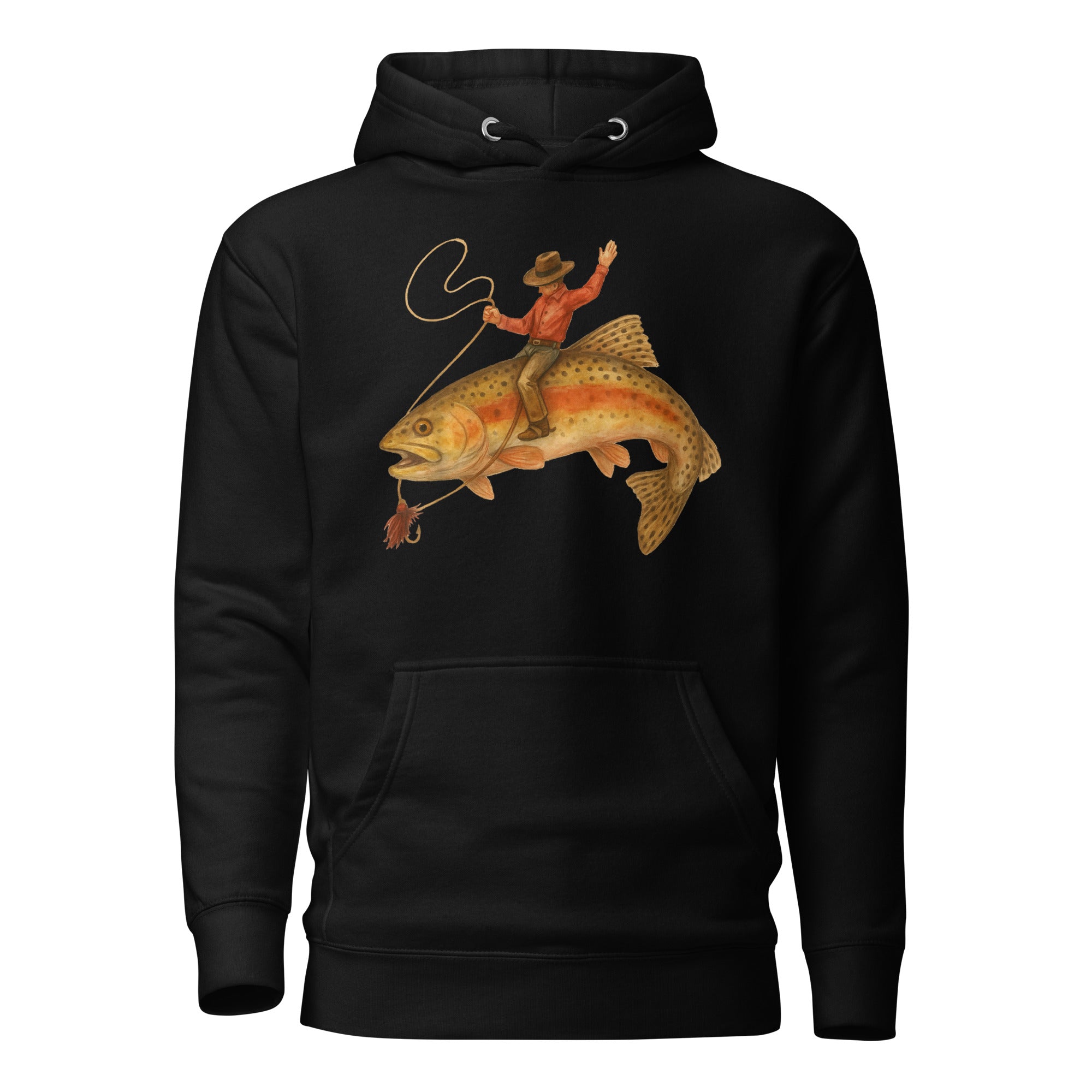 Black funny fishing hoodie with cowboy riding a giant trout rodeo graphic