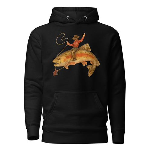 Black funny fishing hoodie with cowboy riding a giant trout rodeo graphic