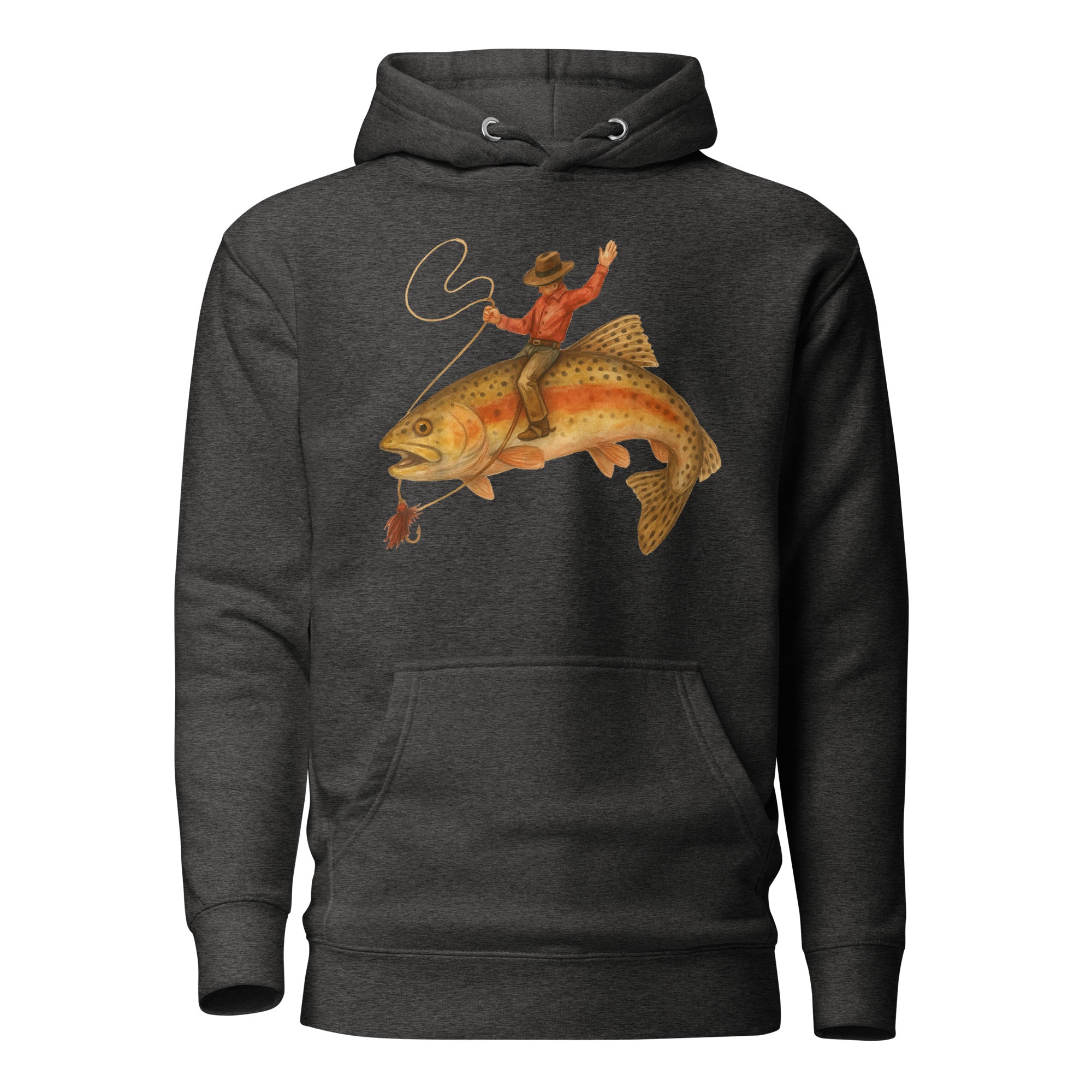 Charcoal heather funny fishing hoodie with cowboy riding a trout design