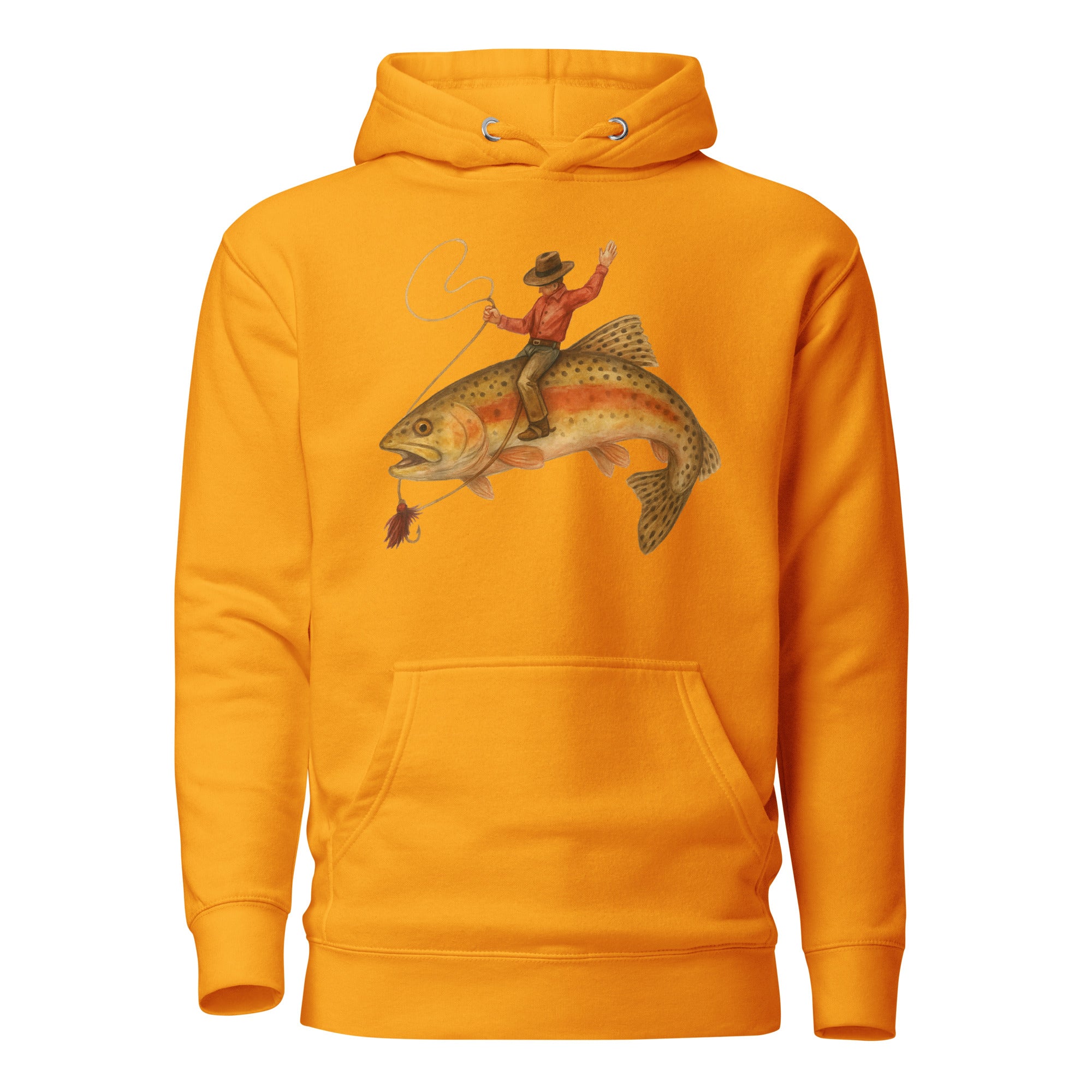 Gold funny fishing hoodie cowboy trout rodeo design — unique fishing gift for men