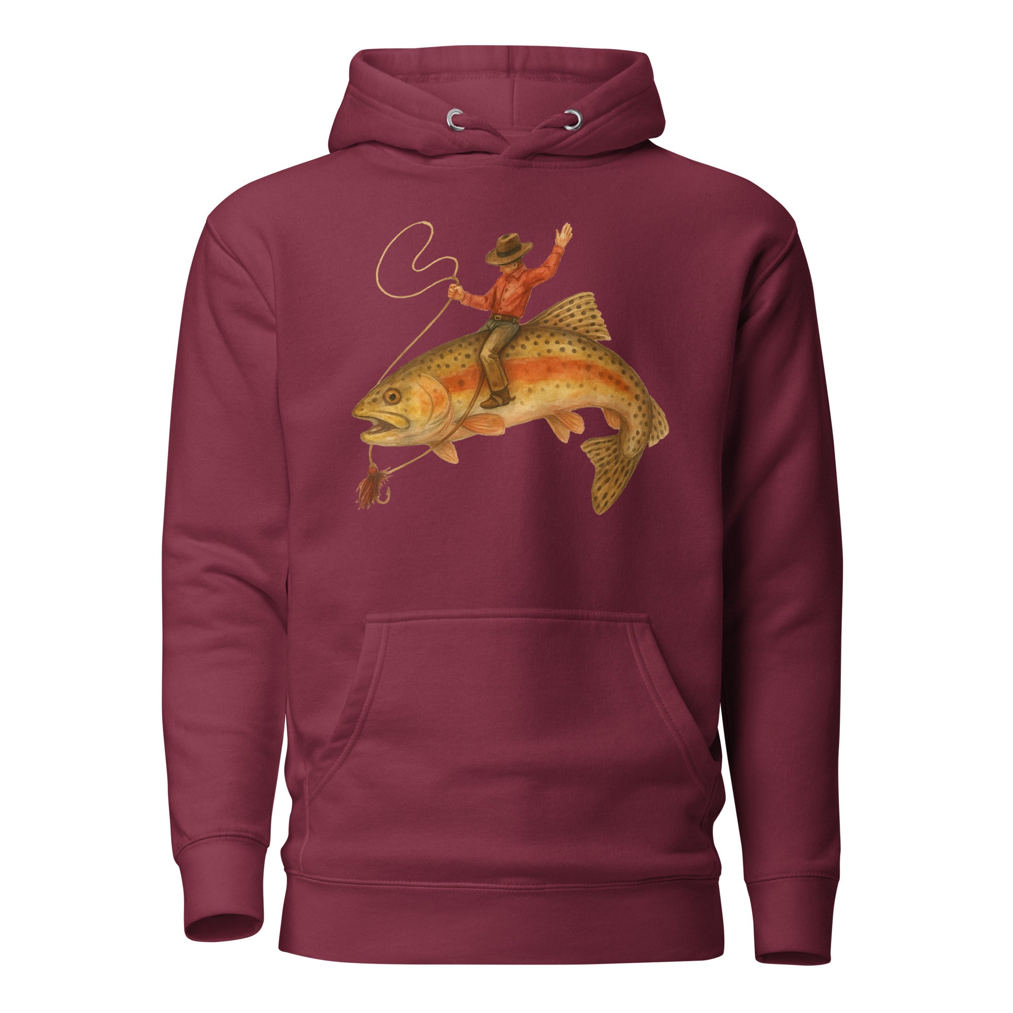 Maroon fishing hoodie with funny cowboy riding trout graphic for anglers