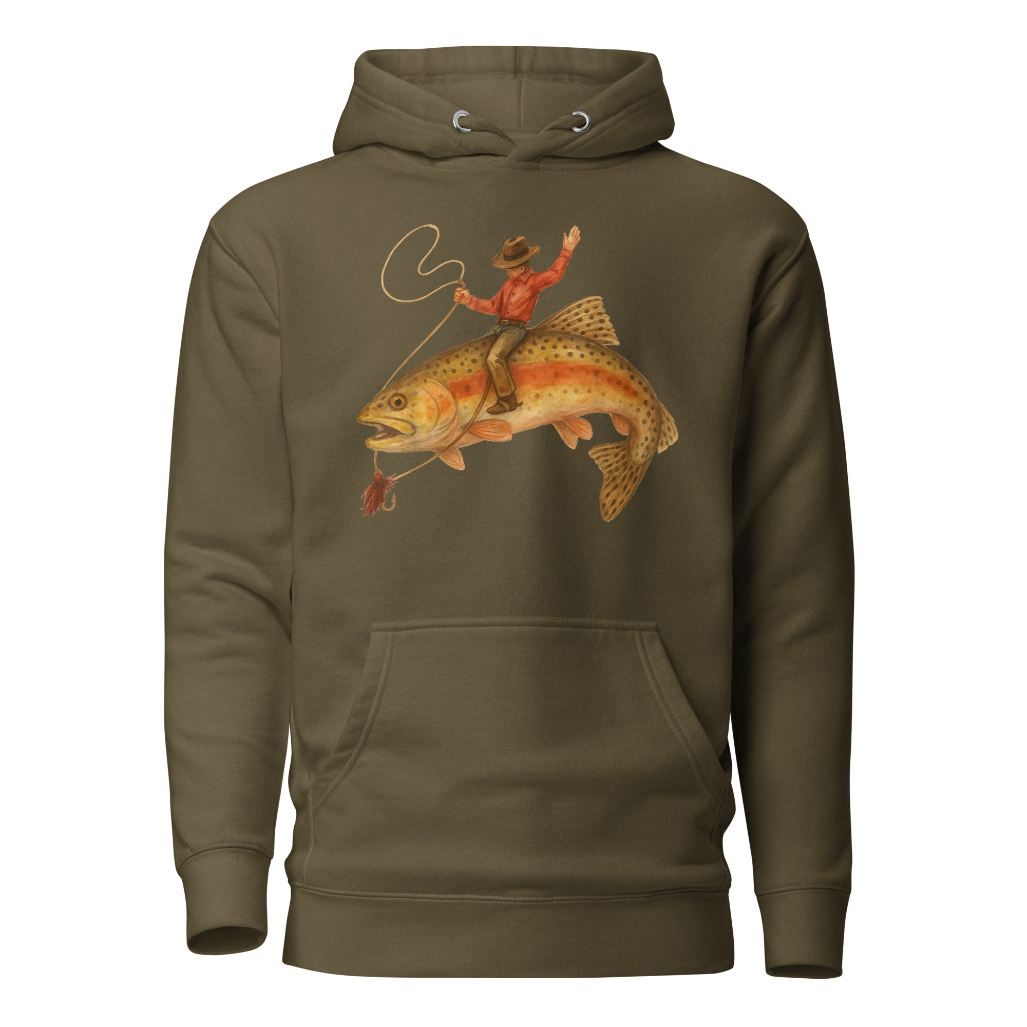 Military green funny fishing hoodie cowboy rodeo trout graphic gift for fishermen