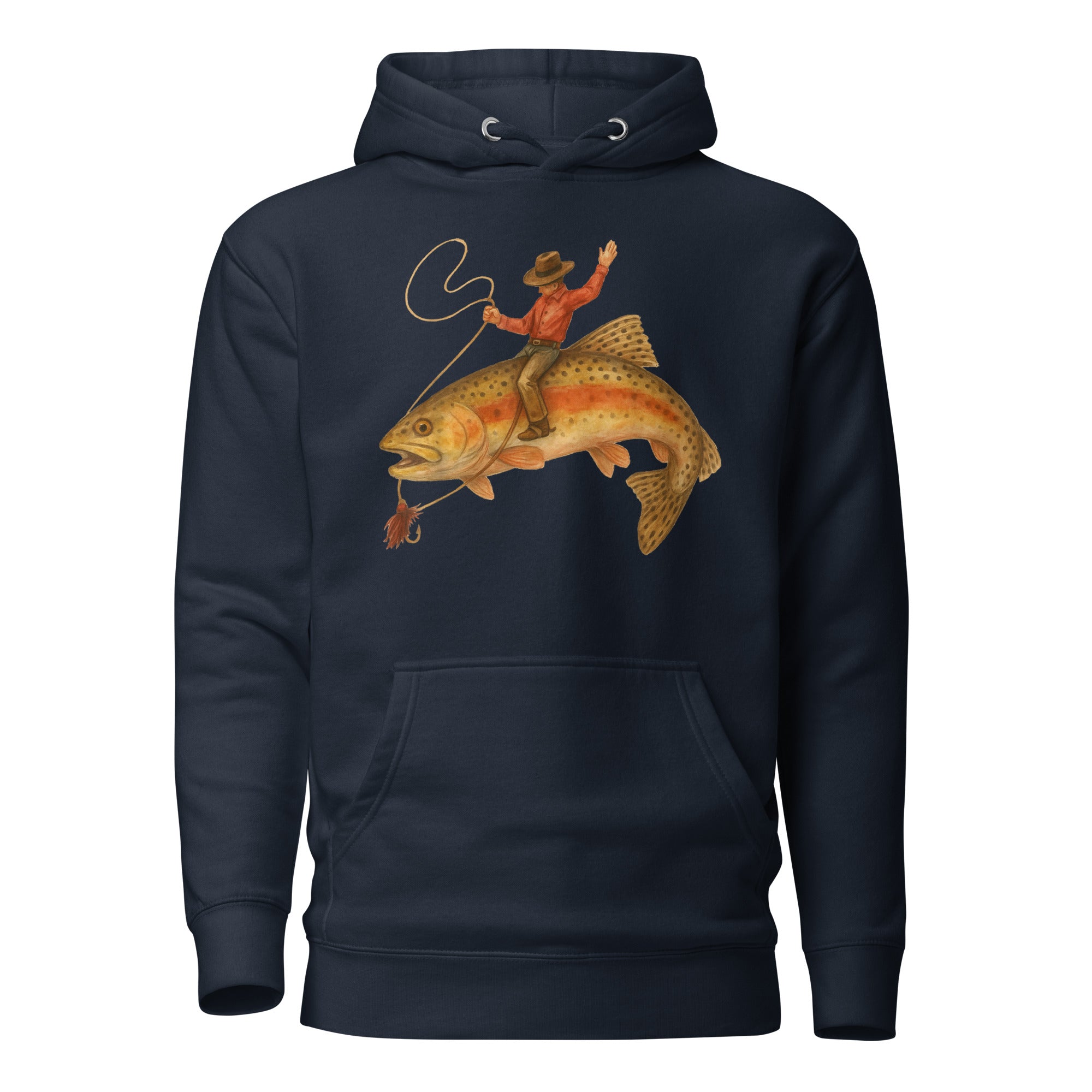 Navy blazer funny fishing hoodie with bold cowboy trout rodeo print