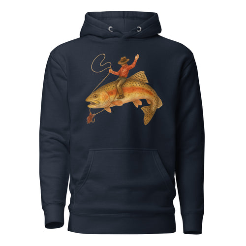 Navy blazer funny fishing hoodie with bold cowboy trout rodeo print