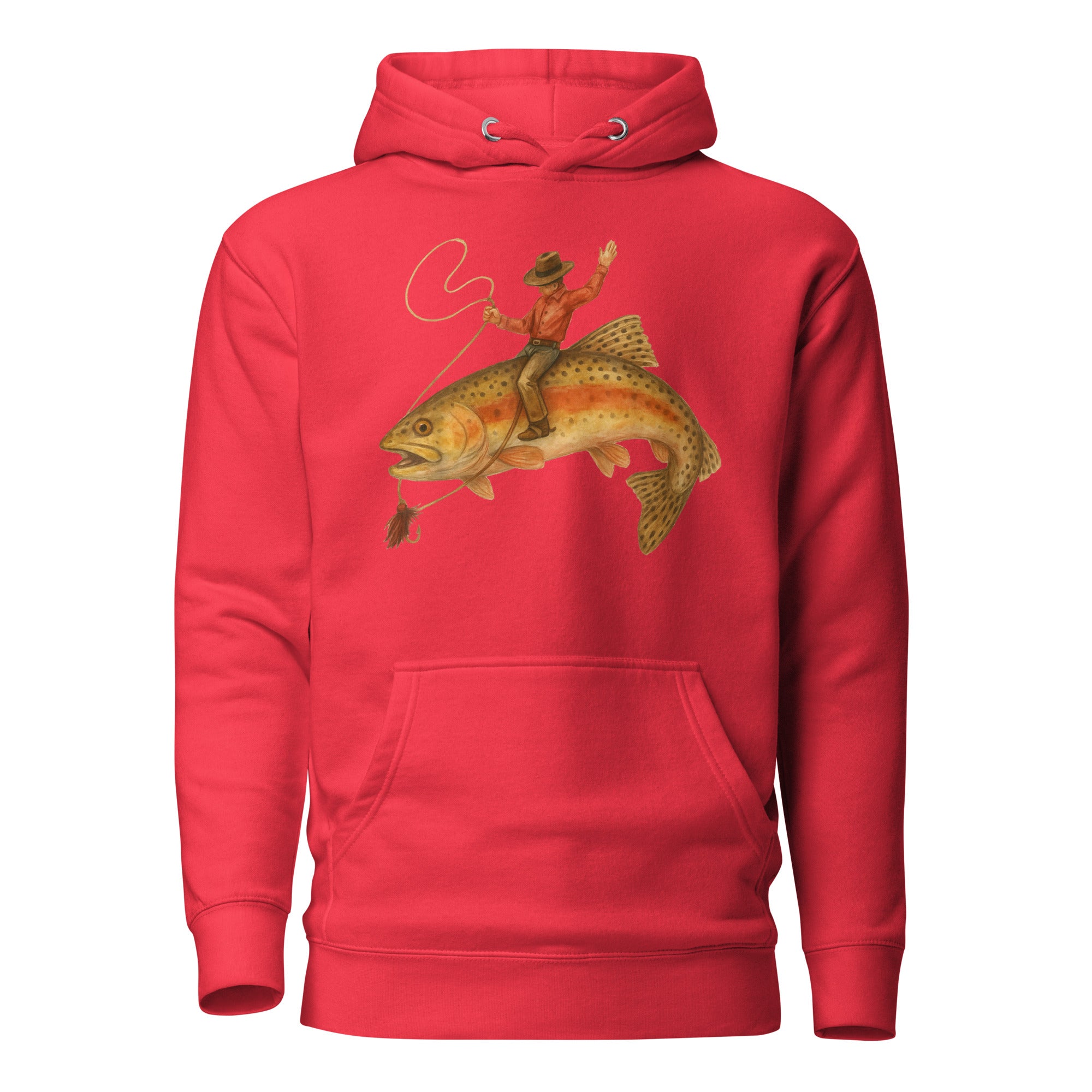 Red funny fishing hoodie with bold cowboy riding giant trout print