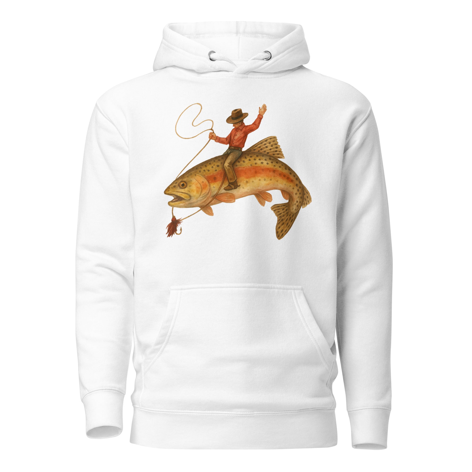 White funny fishing hoodie with cowboy riding a trout — soft fleece cotton blend