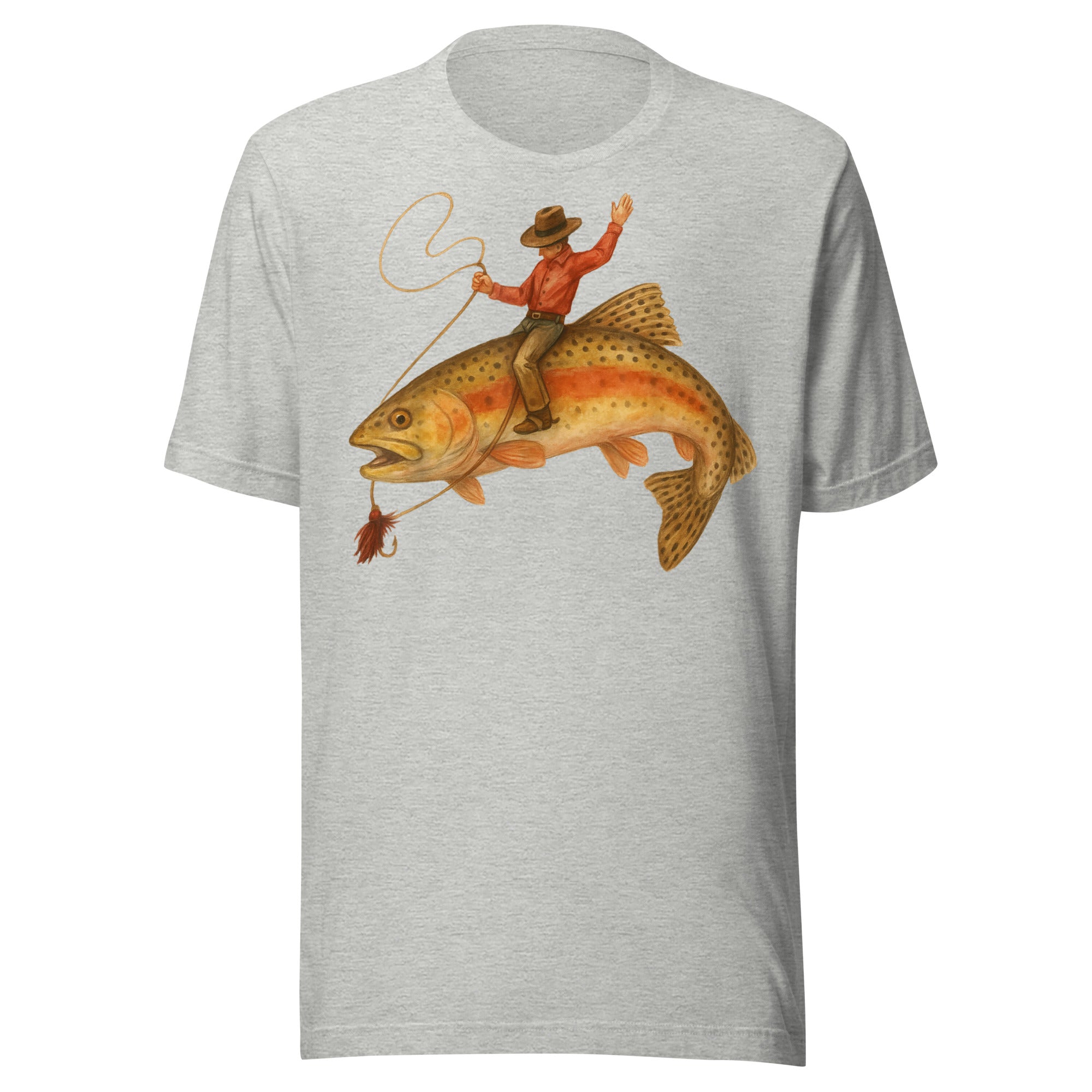 Heather gray funny fishing shirt with cowboy riding giant trout illustration