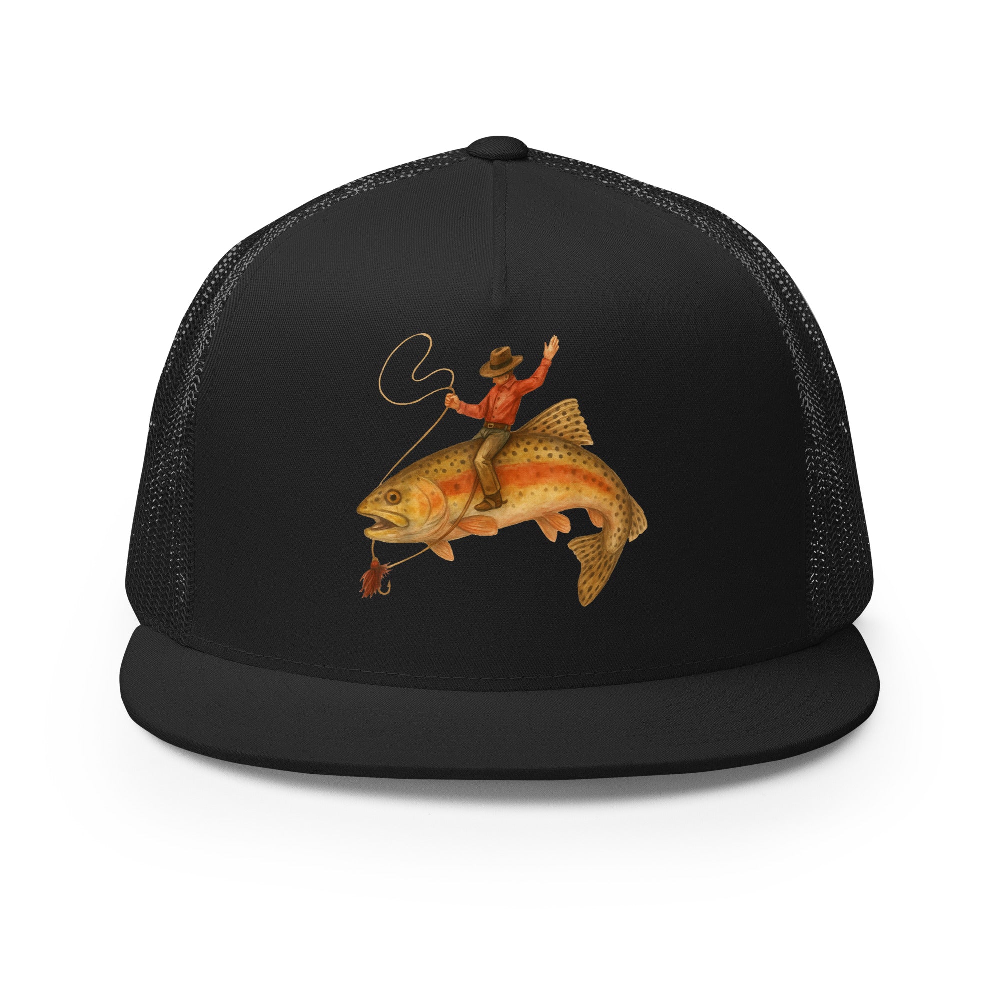 Black flat bill fishing snapback hat with bold cowboy riding trout design