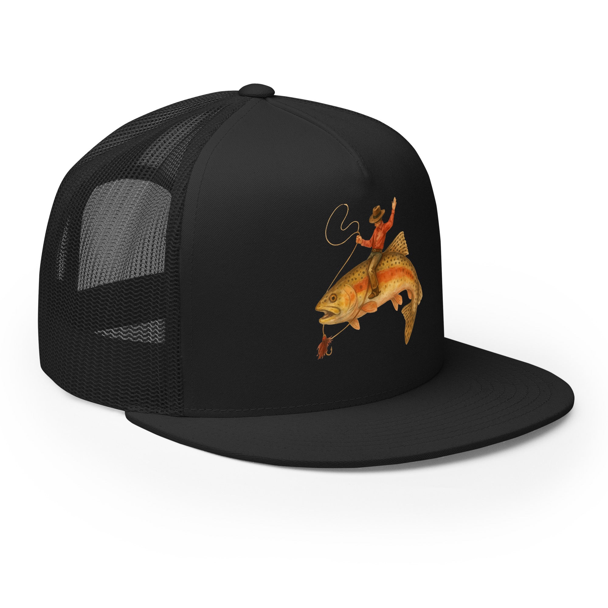 Side angle black fishing snapback hat high profile 5 panel structured cap