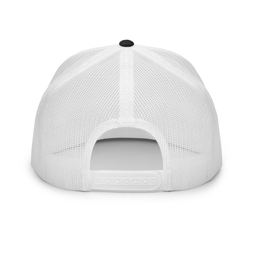 Back view of black white fishing snapback hat with snapback closure
