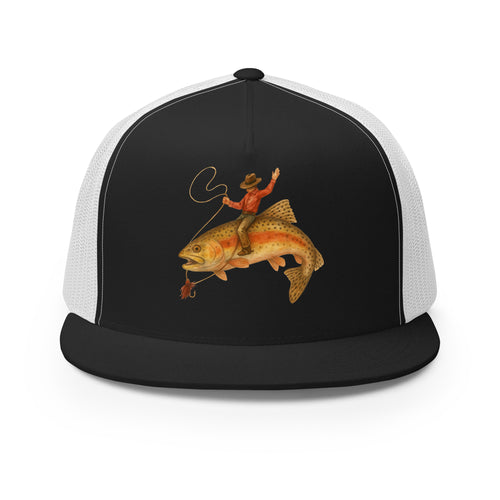 Black and white flat bill fishing snapback hat with cowboy riding a trout graphic front view