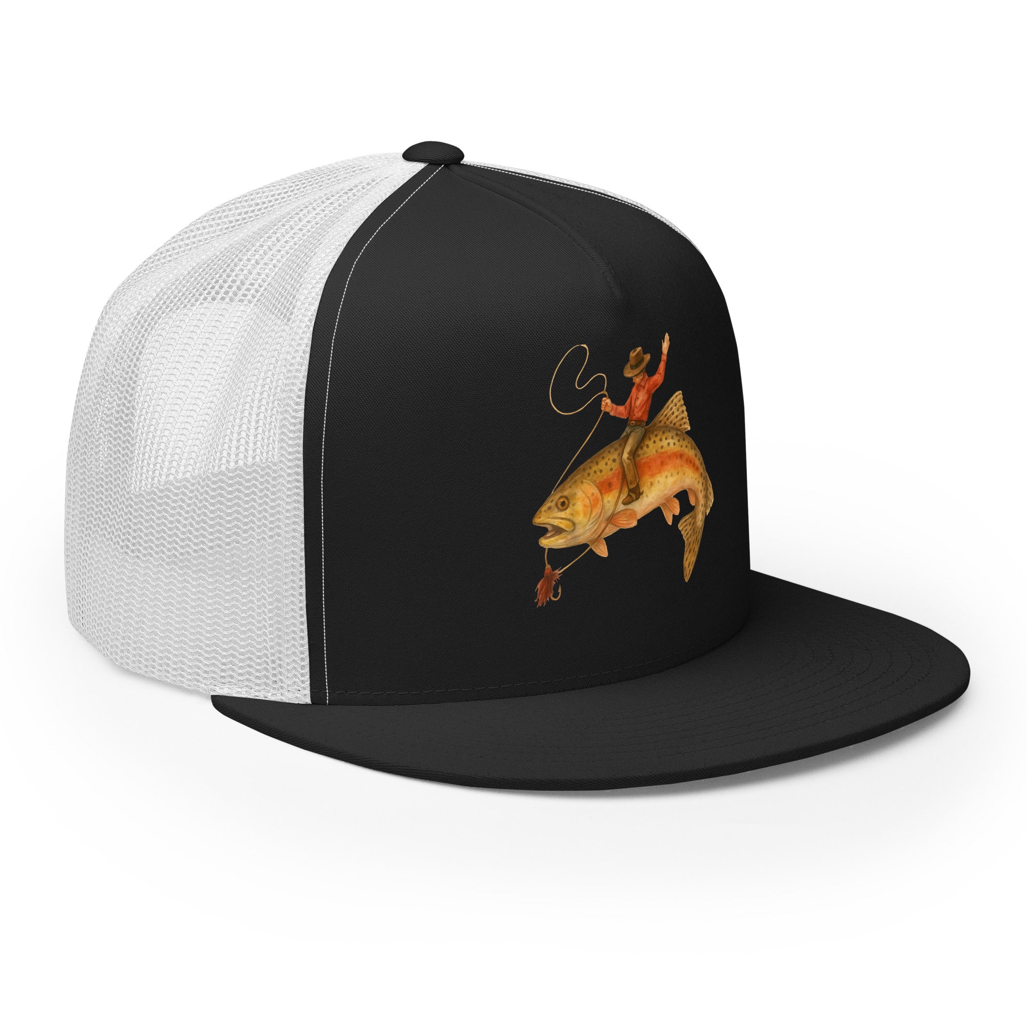 Side view black white 5 panel fishing snapback hat with flat bill