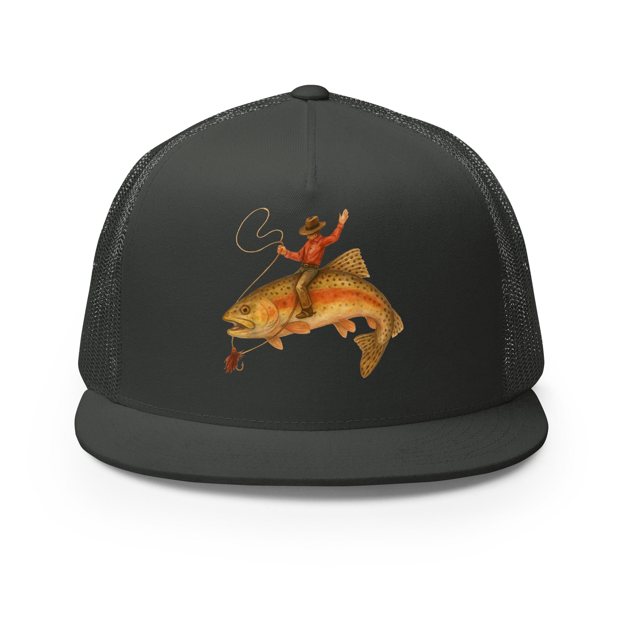 Charcoal flat bill fishing snapback hat with cowboy riding trout graphic