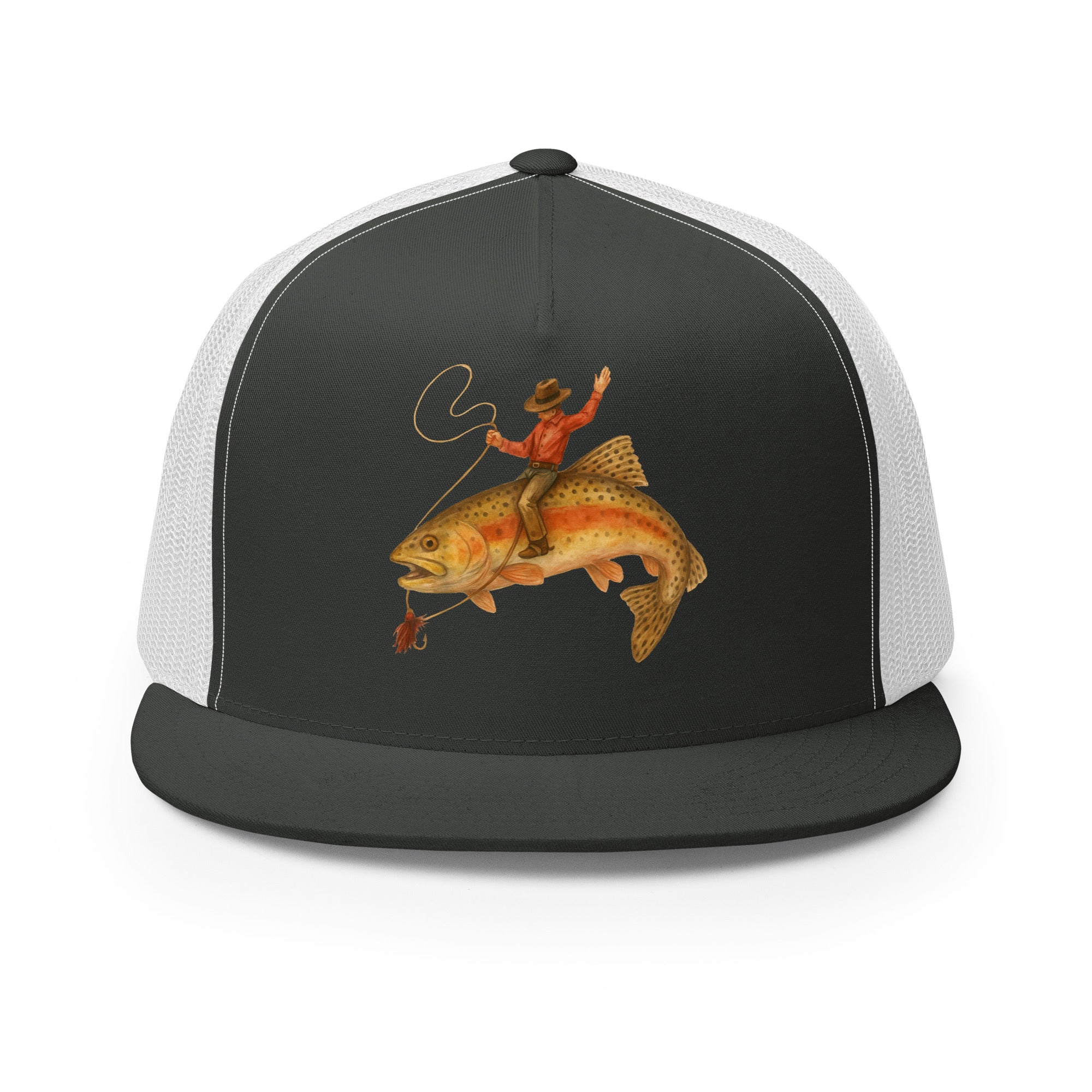 Charcoal and white flat bill fishing snapback hat cowboy riding trout design